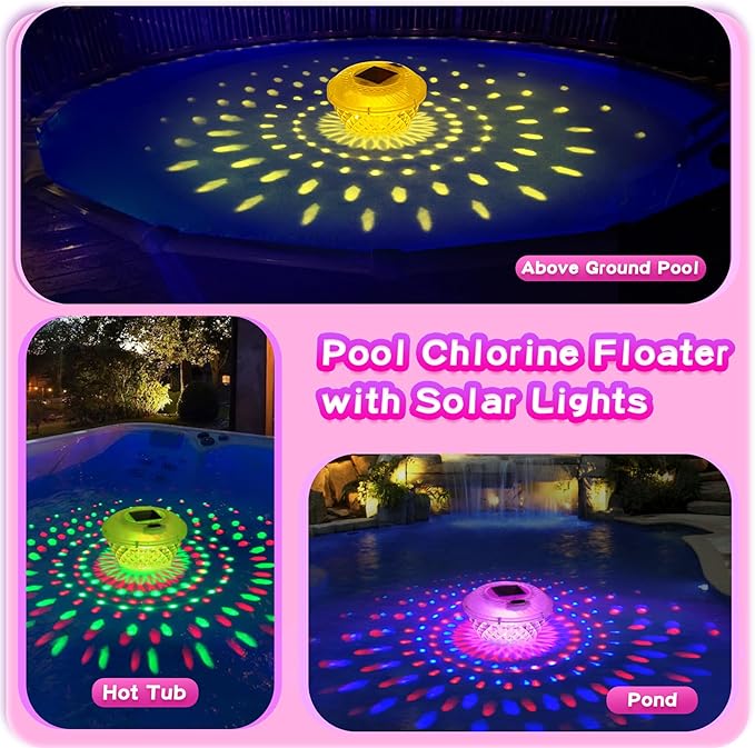 Solar Pool Chlorine Floater,Chlorine Floater with Colorful Lights,Button Control Floating Pool Chlorines Dispenser,Adjustable Release & Easy Opening,Solar chlorines floaters for Hot Tub,Blue