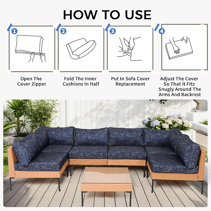 14 Piece Outdoor Patio Cushion Covers Replacement Waterproof with Zipper for 6-Seater Sectional Couch Chair Patio Furniture Conversation Sofa Seat Cushions Slipcovers Set, Only Cover