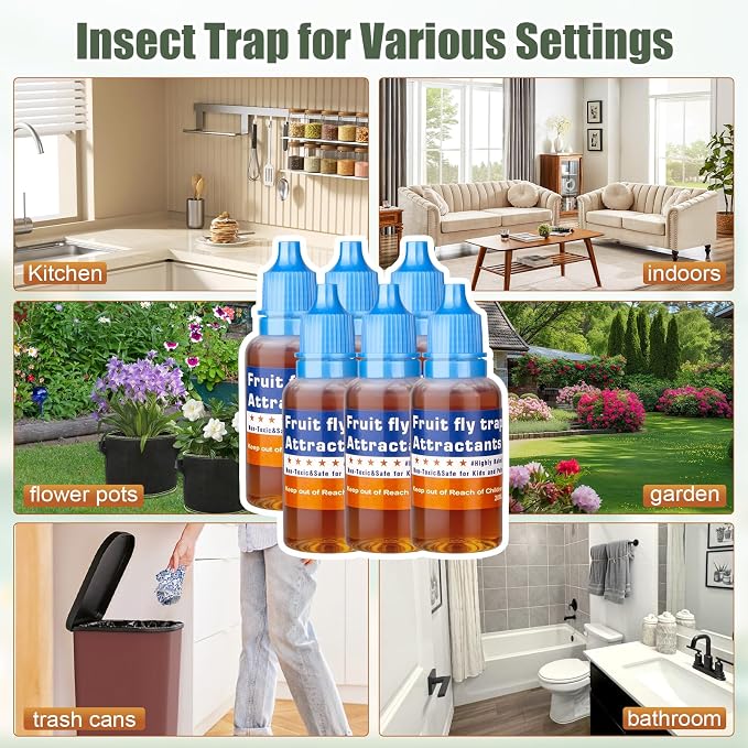 Fruit Fly Trap Refill Liquid, Effective Gnat Killer&Fruit Fly Catcher Bait Refill, Long-Lasting Fruit Scented Ants Attractant for Kitchen Bathroom Living Room Use, Safe Near Food (6 Pack)