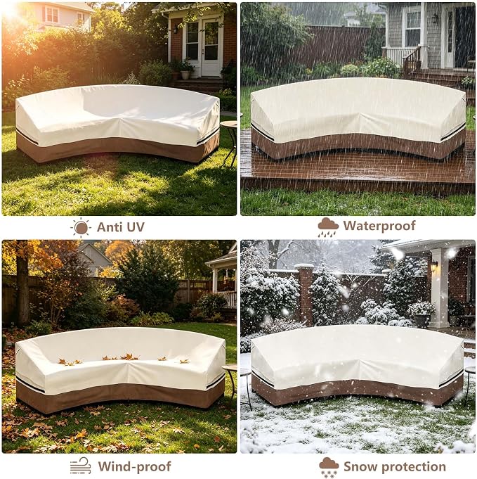 Okcool Outdoor Sectional Cover,Curved Patio Furniture Covers for 3-4 Seater Outdoor Furniture Couch,120"(Back Arc Length) x 82"(Front Arc Length),Beige & Brown