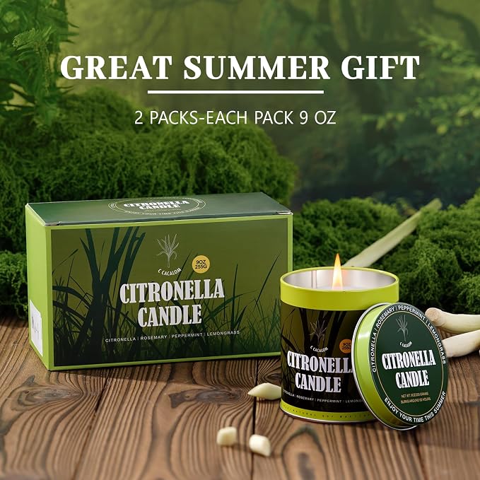 Citronella Candles Outdoor Set, 2 Pack Jar Candle for Patio Camping Backyard Picnic, Infused with 5 Plant Essential Oils, 9 Oz Non Toxic Candles, Scented Candles Sets Gifts for Men Women