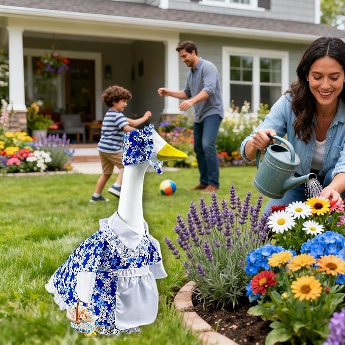 Spring Goose Outfit Flower Porch Goose Clothes for 23" Cement Statue Goose Costume with Daisy Skirt Outdoor Patio Yard Lawn Art Decoration(Blue)