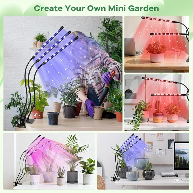 led Grow Lights, 2 Heads Red Blue Plant Light with Clamp for Indoor Plants & Seed Starting, 10-Level Dimmable, Auto On Off, Timing 3 9 12Hrs