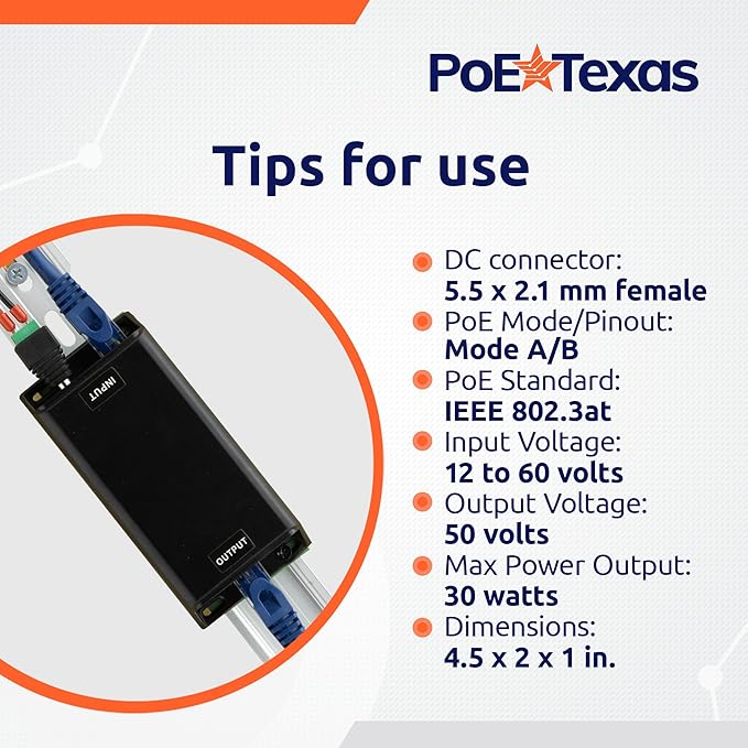 PoE Texas DC-Powered PoE+ (30 watt) Gigabit Inline Injector Converts 12-60V in to 50 Volt IEEE 802.3at PoE+ Out - Variable DC PoE Injector for Solar & Battery Powered Installations, WiFi & More