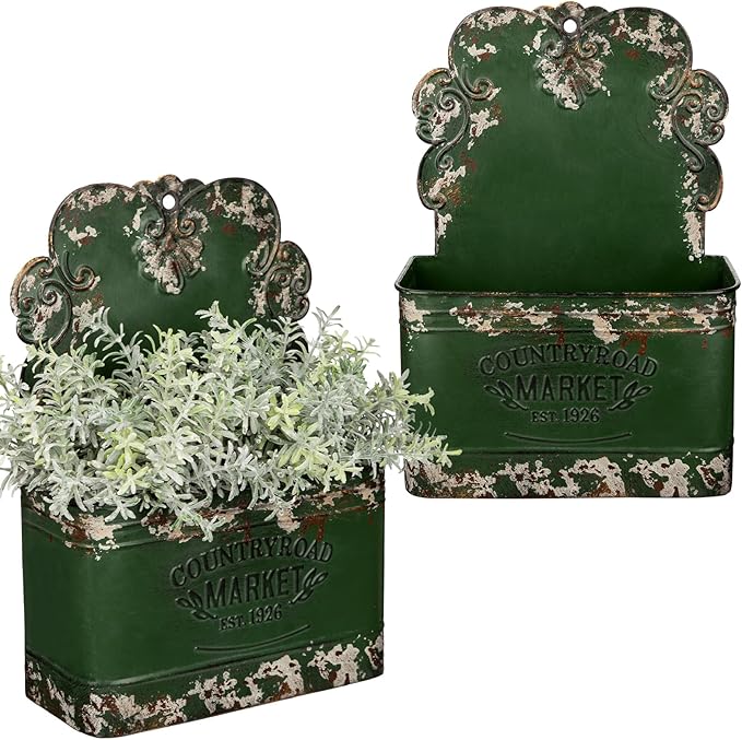 Set of 2 Metal Wall Planters Vintage Hanging Wall Planter Rustic Farmhouse Outdoor Decor Shabby Mount Planters for Fence Garden Patio Porch - Green