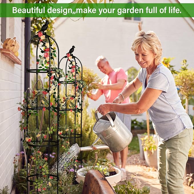 Sadnyy 4 Pack 6 ft Garden Obelisk Trellis for Climbing Plants Outdoor- Heavy Duty Rustproof Metal Pipe with Plastic Coated Plant Trellis for Clematis Grape Pea Vines Tomatoes Cucumbers Flowers(Black)