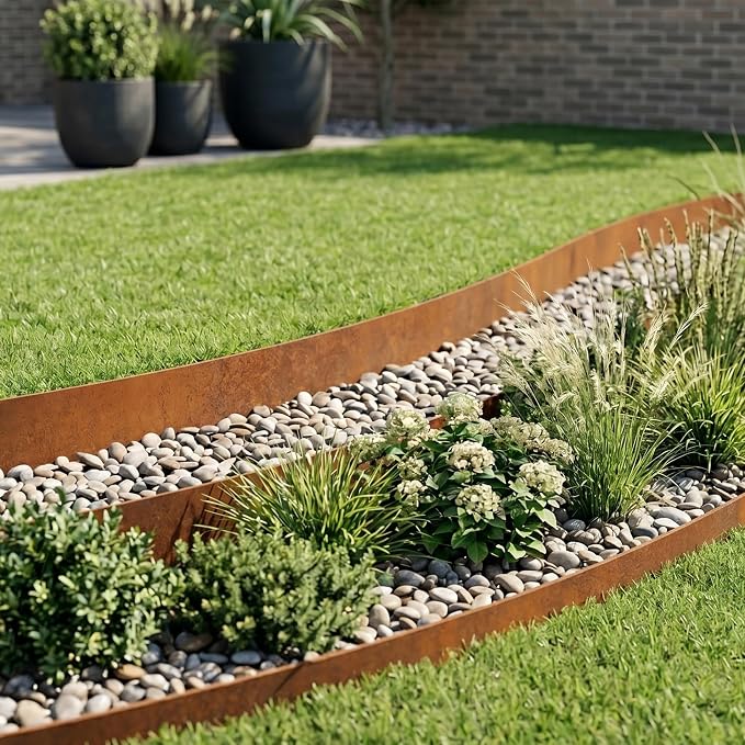 Worth Garden 6 Pack Cor-Ten Steel Landscape Edging w/Rust Patina Finish - 40" L x 8" H Strips - Hammer-in 14-Gauge Metal Corten Edging Border w/ 7 Clips & Gloves - Edge for Lawn Yard (20Ft Total)