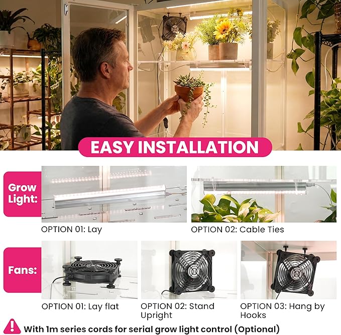 LUVCOSY 4 Pack T5 Grow Light Strips + 2 Pack USB Fans for Indoor Plants, Accessories Set for Indoor Greenhouse Cabinet for IKEA, Full Spectrum Sunlight Grow Lamp & Silent Portable Cooling Fan-ALL IN 1