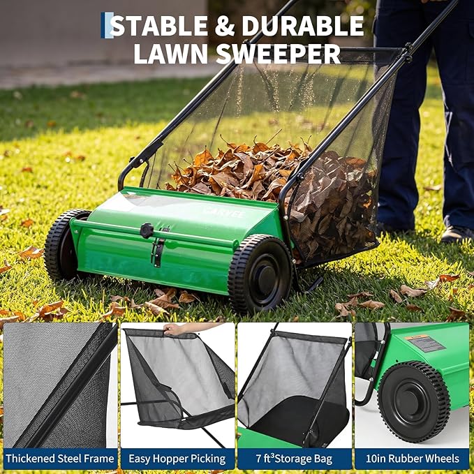 Push Lawn Sweeper, 26-Inch Width, 7 Cu. ft. Hopper Capacity, 4 Spinning Brushes, Adjustable Height, Durable Steel Frame with Rubber Wheels, Ideal for Leaves and Grass