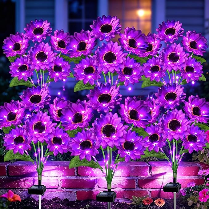 Solar Garden Lights Outdoor, 6 Pack Purple Sunflower Lights with 36 Real Looking Flowers, Waterproof Summer Garden Decor Solar Flowers for Yard Backyard Patio Flowerbed Yard, Gift for Mom Women