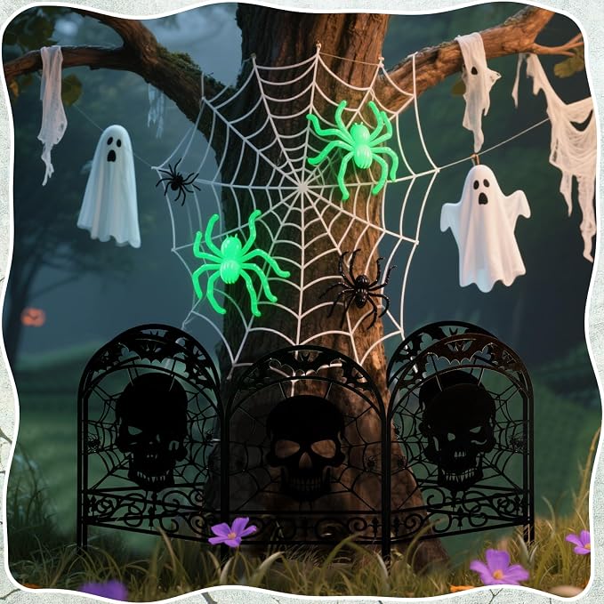 Yaocom 6 Pack Halloween Skull Fence Outdoor Decoration Spooky Graveyard Fence for Halloween Yard Party Decor, Black Metal Decorative Garden Stake Yard Sign for Lawn Porch, 16.5''H x 11.8''W