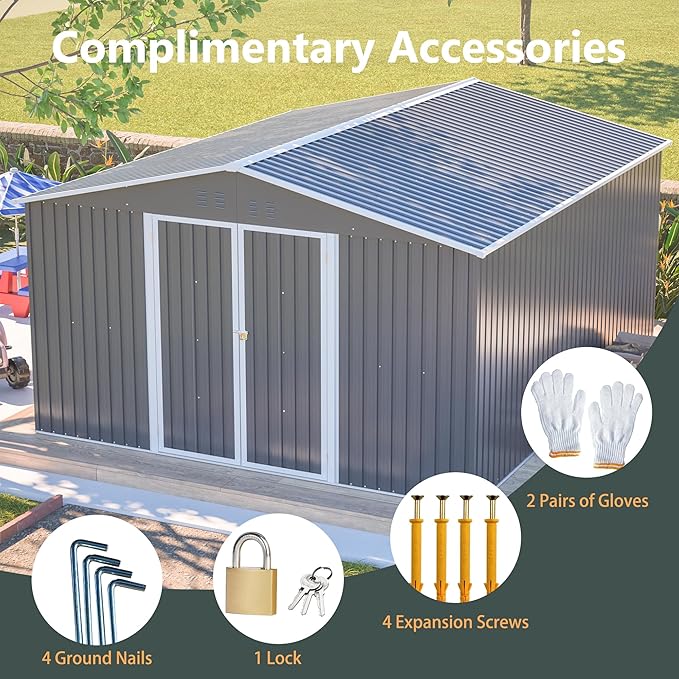 YOPTO 11x13 FT Outdoor Storage Shed,Heavy Duty Metal Shed W/Floor Frame,Garden Shed W/ 4 Air Vents & Sloped Roof,for Backyard,Patio,Lawn,Gray