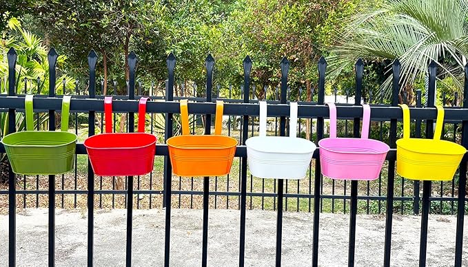 6 Pcs Railing Planter, 10" Metal Hanging Flower Pots for Outdoor Balcony Rails, Fence Pot Hanging Plant Holders with Detachable Hooks for Garden Patio Yard Decor (9.8", Pack of 6)