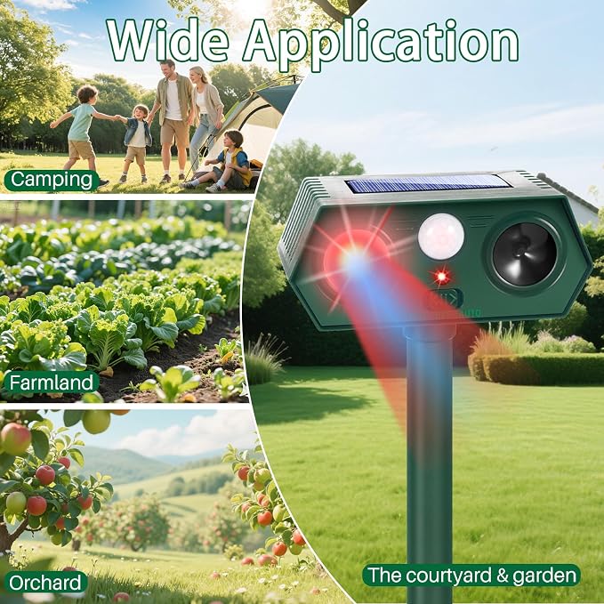 2026 Upgraded Solar Ultrasonic Animal Repellent Outdoor,4Pack Waterproof Deer Repellent Devices with Motion Sensor for Yard,Cat Repellent with Red&Blue LED Flash Lights to Scare Rabbit (Plastic, 4)