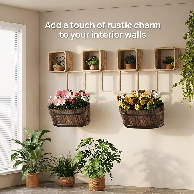 2pcs Railing Planter Boxes Wood Hanging Flower Pots for Railing Fence Outdoor Balcony Planters for Wall Window Flower Box Hanging Bucket Pots Countryside Plant Holder (Carbonized,2pcs,Large)
