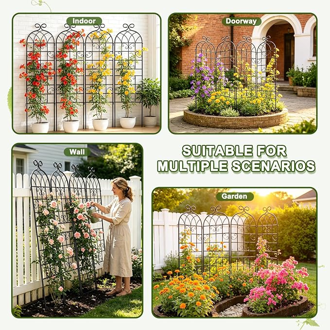 YOBAZAN 4 Pack 71x19.7in Rustic Iron Arch Decoration Garden Trellis with Black Metal Coating – Perfect for Supporting Climbing Plants Outdoor, Roses, Vines, Flowers, and Vegetables.