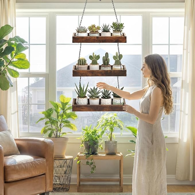 3 Tier 16" Hanging Plant Window Shelf Large Hanging Plant Holder Wood Frame Metal Chain Floating Wall Flowerpot Organizer Storage for Herbs Microgreens Succulents Balcony Living Room