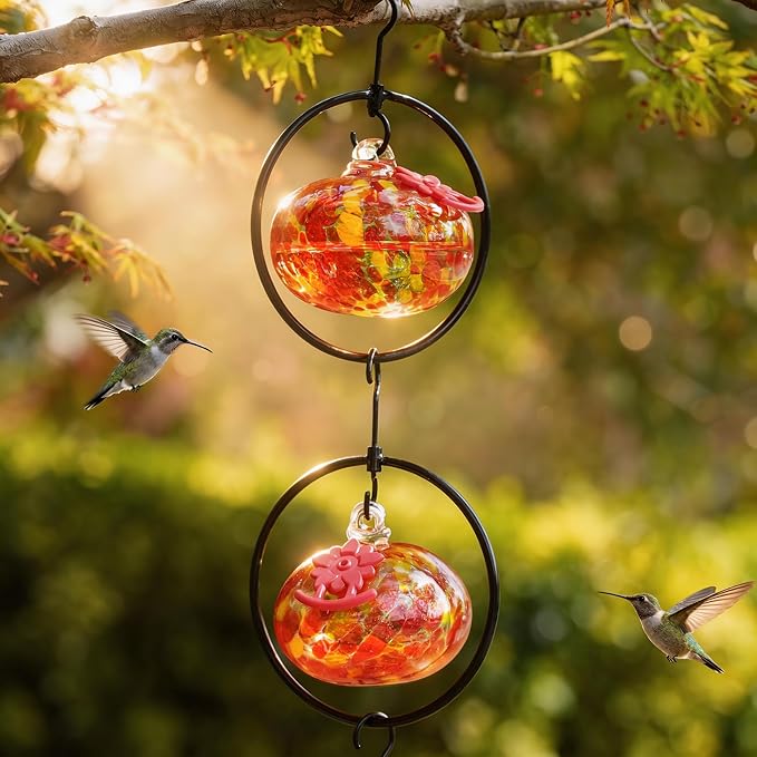 QFkris Set of 6 Blown Glass Hummingbird Feeder for Outdoors Hanging, Small Hummingbird Feeder with Flower Feeding Ports for Outside Garden Backyard Decor, Gardening Gifts for Women Mom(Orange)