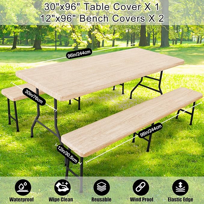 Smiry Picnic Table Cover with Bench Covers, Waterproof Elastic Fitted Tablecloth for 8 Foot Tables, Washable Polyester Tablecloths for Camping, Indoor & Outdoor (Ivory, 30x96 Inch 3-pc Set)