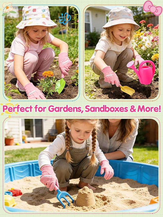 Biubee Pink Gardening Tools Set for Girls - Sturdy Kids Watering Can Toy Set with Metal Shovel Hand Rake Kids Gloves, Toddler Gardening Kit Garden Toys for Outdoor Beach Sand Toy Gift