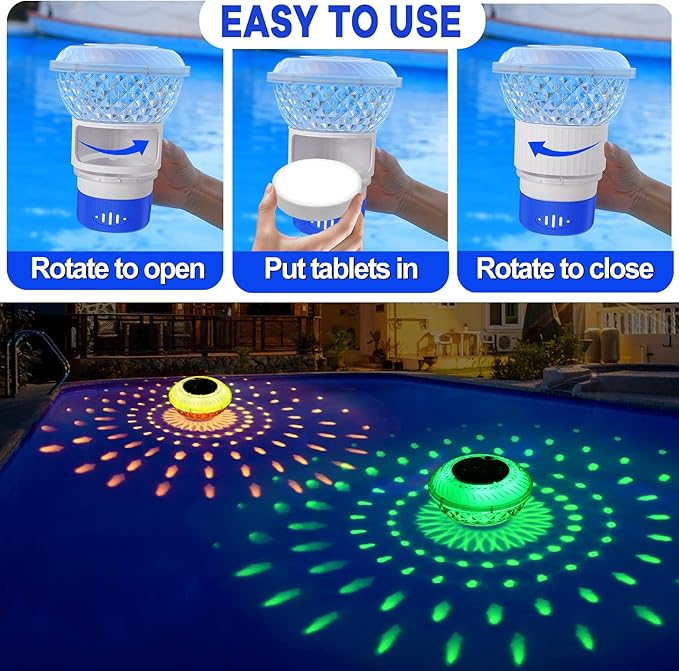 Pool Chlorine Floater with Marquee Light,Color-Changing Chlorine Floater with Button Control,Floating chlorines Dispenser for Pool,Adjustable Release Solar chlorines floaters for Hot Tub,Blue