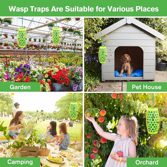 Wasp Trap Bee Catcher - Outdoor Hanging Carpenter Bee Traps with 4 Sticky Boards, Non-Toxic Reusable Hornet & Yellow Jacket Trap, 2 Pack (Green)