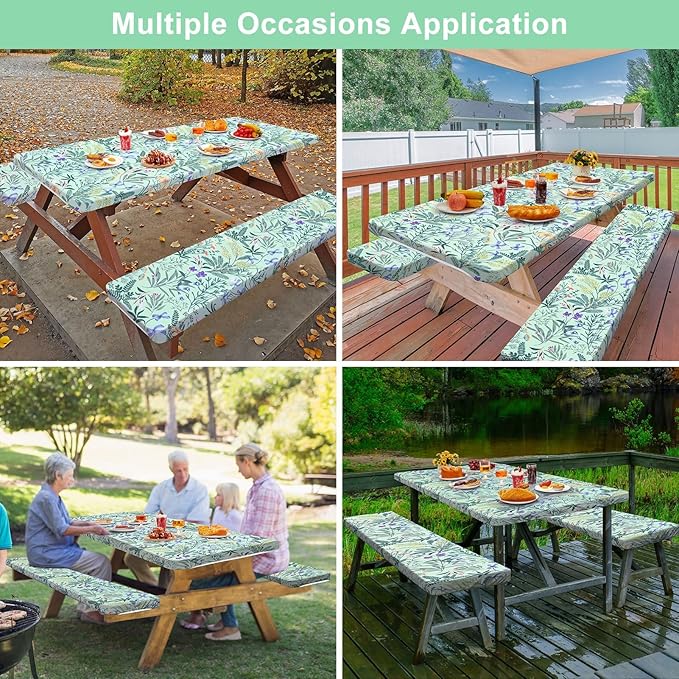 Picnic Table Cover with Bench Covers Camping Essentials Waterproof Windproof Camping Tablecloth with Drawstring Bag, Fitted Rectangle Tables and Seats, 96in, Gray Blue
