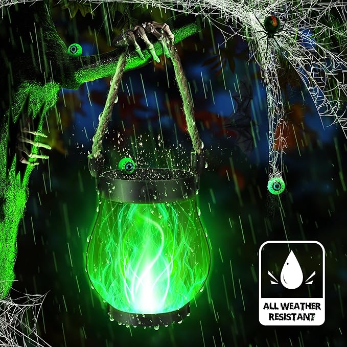 iBaycon 2 Pack Solar Lanterns Lights, Halloween Flickering Flame Garden Lights with 2 Modes Dual Charging USB & Solar, Outdoor Waterproof Hanging Lantern for Party Holiday Halloween Decor (Green)