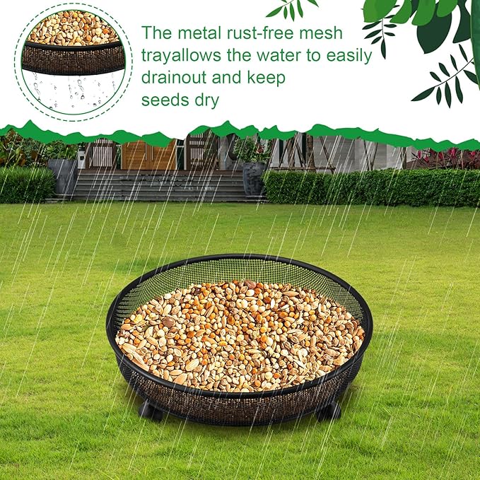 Nuogo 4 Pcs Ground Bird Feeder Tray 7 Inches Platform Bird Feeder for Outside Metal Squirrel Feeders Rust Resistant Mesh Seed Tray Garden Yard Decoration for Outdoor Wild Dove(Round)