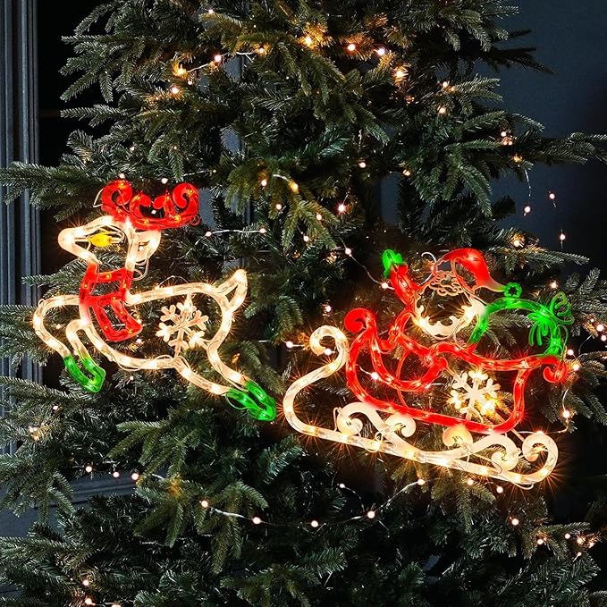 50L Lighted Christmas Sculpture,Including: Deer x1,Santa and Sleigh x1, for Holiday Indoor and Outdoor Wall Door Christmas Window Decorate