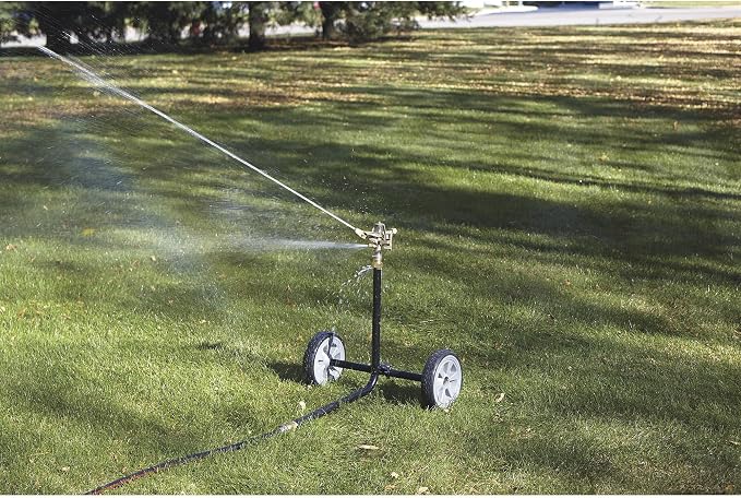 Strongway Wheeled Sprinkler, 3/4 in. Brass Head with 2 Nozzles, 100 Ft. Diameter Coverage, 7800 Sq. Ft., 6-10 GPM, 8 in. Poly Wheels, Adjustable Full and Partial Circle, for Lawn and Garden