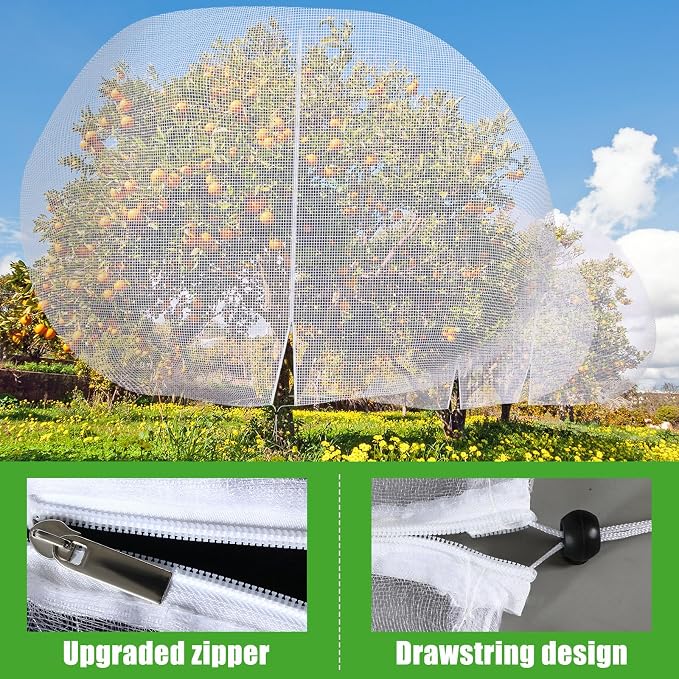 15 x 15 ft Large Fruit Tree Netting for Protecting Fruit from Squirrels Birds Bug Deer & Rat Garden Mesh Netting with Zipper and Drawstring Tree Covers for Blueberry Peach Apple Garden Bushes
