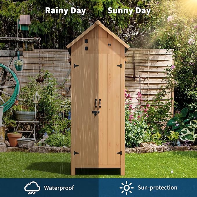70" Tall Outdoor Storage Shed Cabinet - Vertical Garden Tools Organizer with Waterproof Roof, Lockable Doors & Shelves, Wooden Patio Storage for Yard, Deck, Lawn Equipment