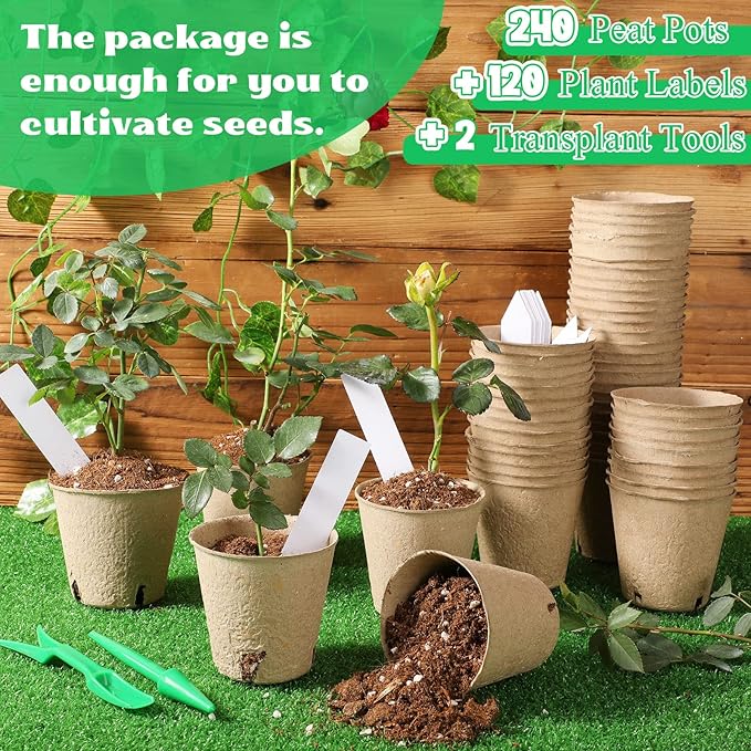 Nuogo 240 Pcs Peat Pots Starters Kit for Seedling 3.15 Inch Biodegradable Small Nursery Pots Planting Peat Trays with 120 Labels and 2 Transplant Tool for Flower Fruit Vegetable Seed Germination