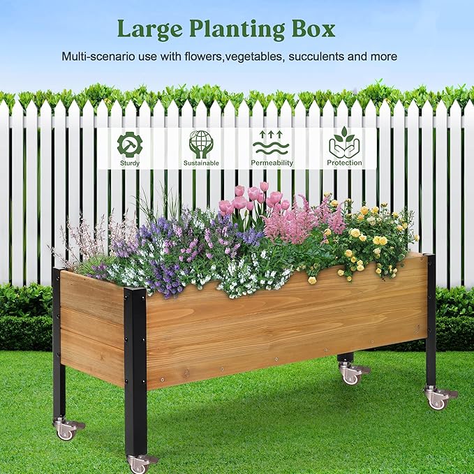 OIPRTGFJ Wood Rectangular Garden Planter Box with Wheel Raised Garden Bed Outdoor,Planters for Outdoor Plants 37 * 13 * 15 Elevated Planter Box for Herbs Vegetables Flowers Outdoor Patio Deck Balcony