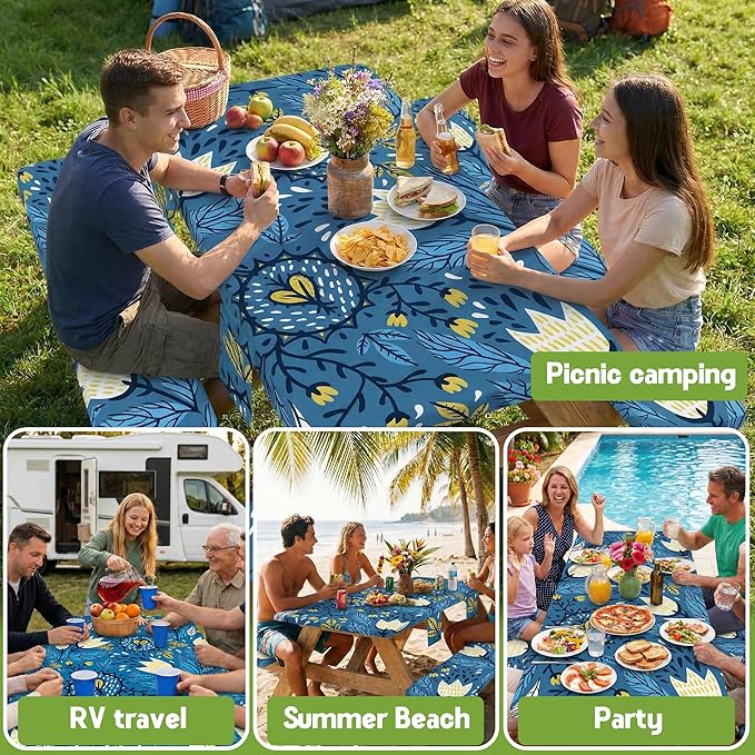 Picnic Table Cover with Bench Covers Waterproof Elastic Rectangle Tablecloth Camping Essentials Supplies Rv Car Travel Gear Must Haves Accessories Fitted Table Cloth Outdoor Road Trip Camper Gifts 8ft