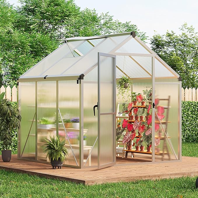 Garvee 6 x 6 ft Greenhouse, Greenhouses for Outside, Polycarbonate Greenhouse with Aluminum Frame, Lockable Door and Ajustable Roof Vent for Backyard, Green Houses for Outside Garden Backyard, Patio