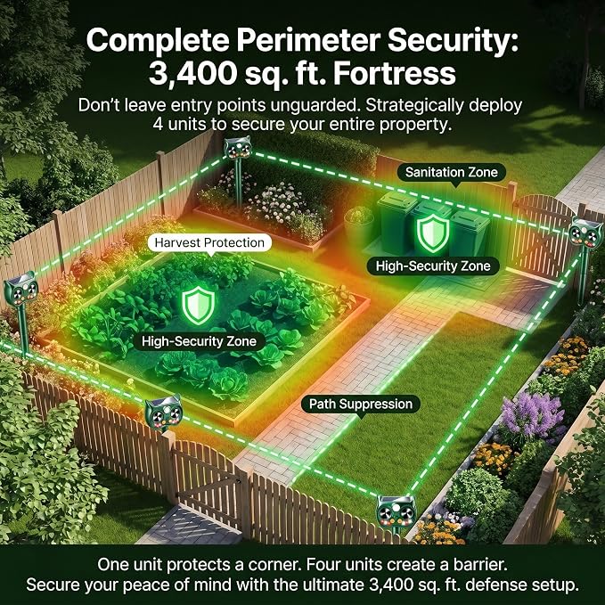 4Pack Upgraded Deer Repellent Devices Solar Ultrasonic Animal Repellent Outdoor with Motion Sensor Strobe Light for Squirrel Raccoon Rabbit Cat Bird Volume Control Keep Pests Out of Yard Farm