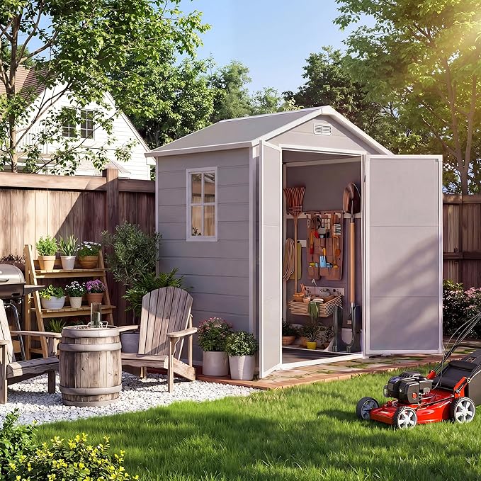 6x4 ft Outdoor Storage Shed with Floor, Plastic Resin Garden Shed with Window & Lockable Door, Tool Shed for Patio, Backyard, Lawn Mower, Bike Storage