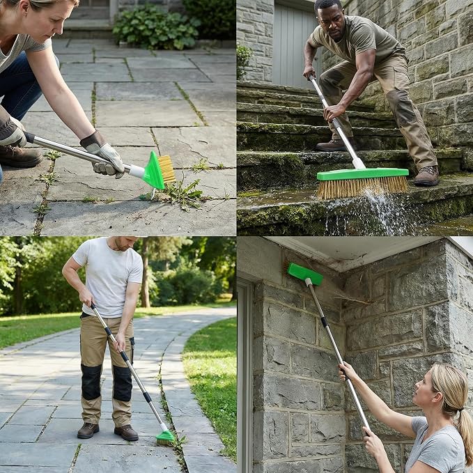 3-in-1 Crack Weeder Tool, Adjustable Long Handle Moss Remover with Wire Brush & Scraper, Stainless Steel Crevice Weeding Puller for Sidewalk, Driveway, Patio, Pavers, Garden