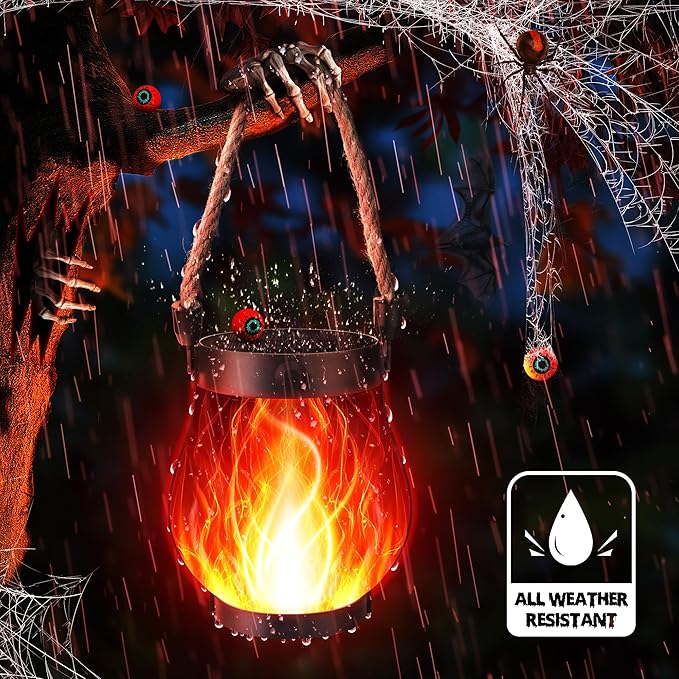 iBaycon 2 Pack Solar Lanterns Lights, Halloween Flickering Flame Garden Lights with 2 Modes Dual Charging USB & Solar, Outdoor Waterproof Hanging Lantern for Party Holiday Halloween Decor (Red)
