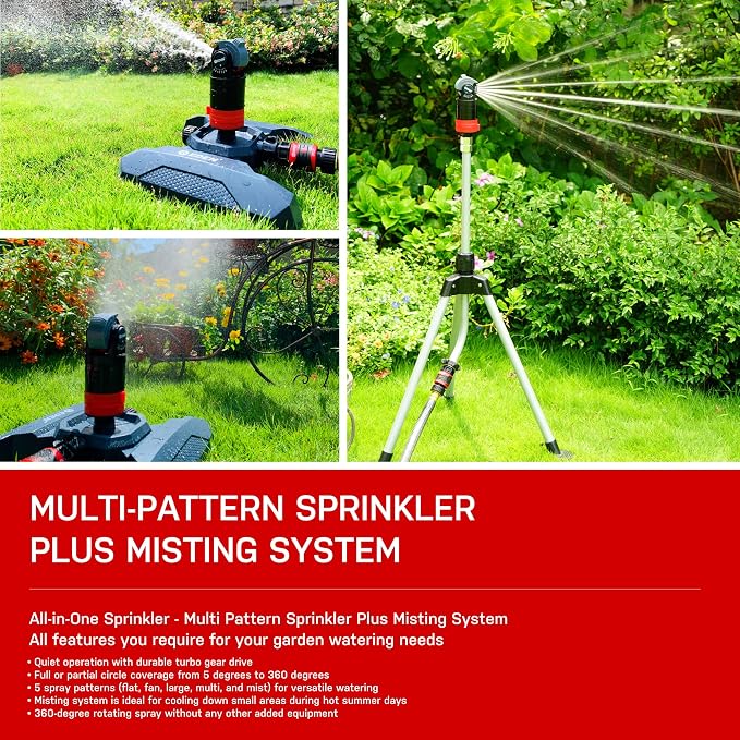 Eden 16030 5 Pattern Turbo Gear Drive Rotary Sprinkler Head Plus One-Direction Misting System for Lawn and Garden, 360 Degree Coverage