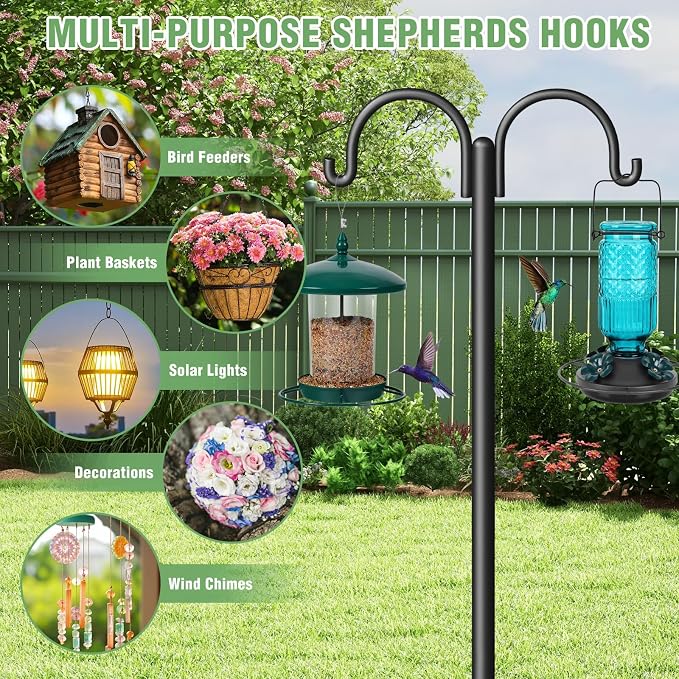 Double Shepherds Hooks for Outdoor, 60" Heavy Duty Bird Feeder Pole with 5-Prong Base - Rust-Proof, Adjustable Bird Feeder Hanger for Garden, Wedding Decor & Hanging Plants