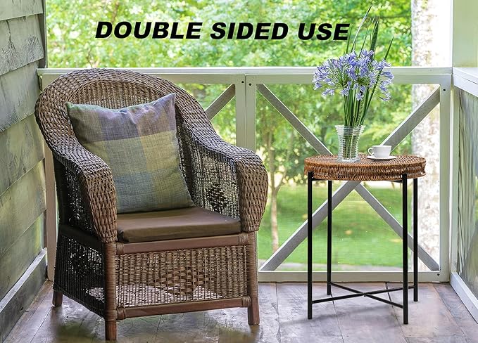 DINGTAI Small Wicker Round End Table, 16.5 in Rattan End Tables with Removable Tray, Waterproof Sofa Coffee Side Table, Indoor Outdoor Side Tables for Patio, Living Room Bedroom Office