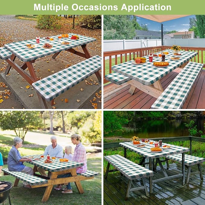 Picnic Table Cover with Bench Covers Camping Essentials Waterproof Windproof Camping Tablecloth with Drawstring Bag, Fitted Rectangle Tables and Seats, 96in, White Green Checkered