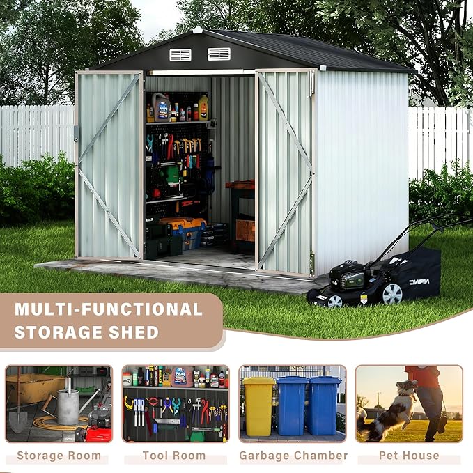 6x8 ft Outdoor Storage Sheds,Multi-Functional Metal Shed with Lockable Doors and Air Vents for Backyard Garden Patio Lawn,White