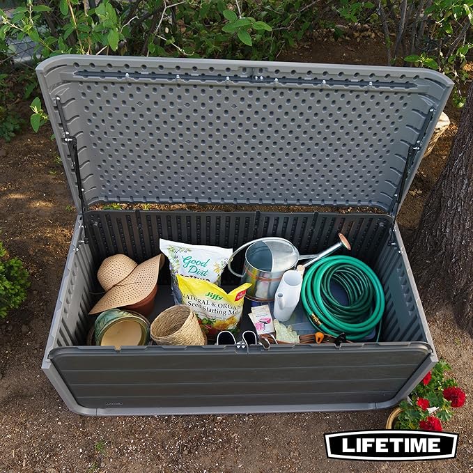 LIFETIME 136‑Gallon Modern Deck Box, Outdoor Storage Container, Weather‑Resistant, UV‑Protected, Lockable Lid