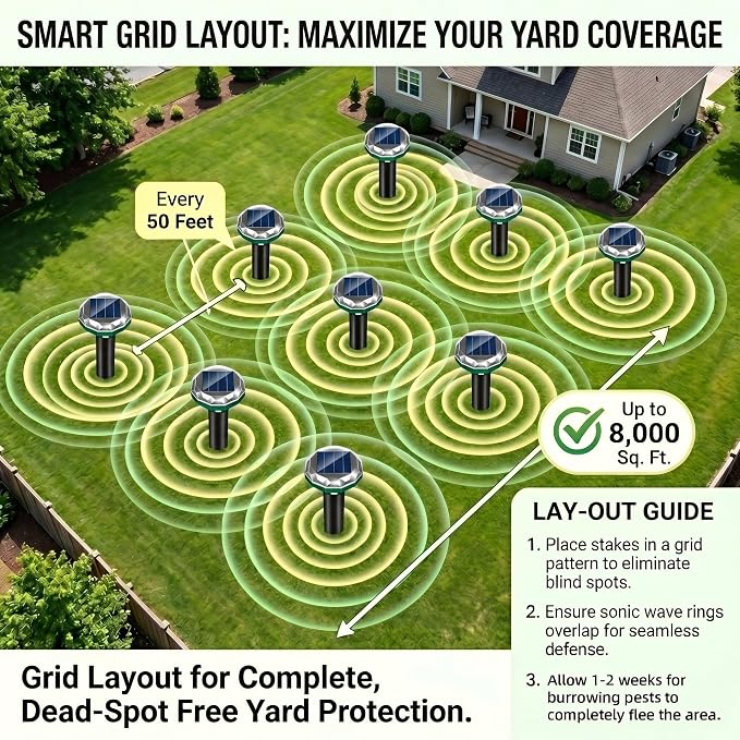 8 Pack Mole Repellent Solar Powered Gopher Repellent Ultrasonic Vole Repellent Outdoor Waterproof Spikes Repellent Rat Deterrent Groundhog,Chipmunk,Snake,Sonic Mole Stakes for Garden,Yard
