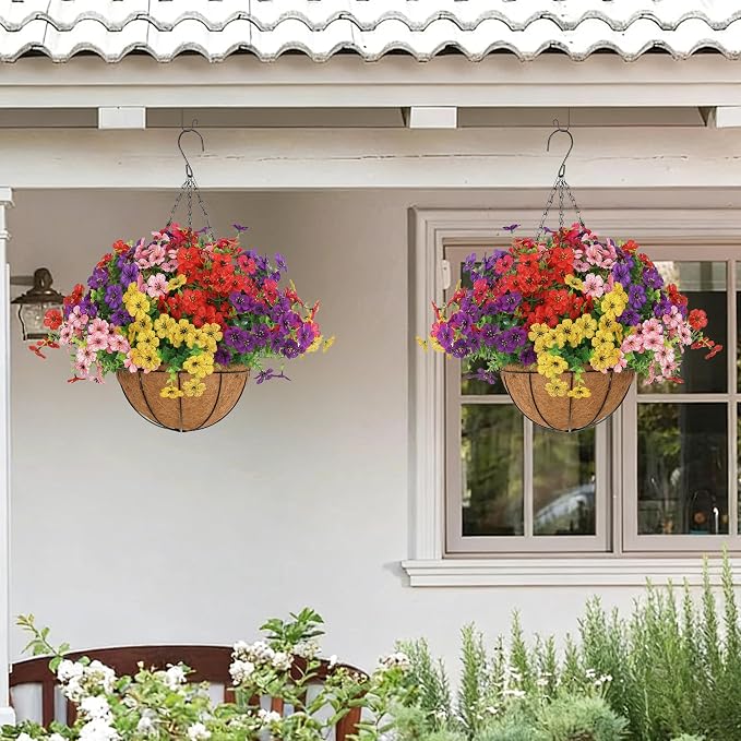 Senjie 3 Set Artificial Hanging Flowers with Basket for Outdoor Decor, UV Resistant 36 Bundles Faux Flowers Fake Hanging Planter for Porch Patio Balcony