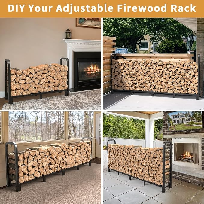 Mr IRONSTONE 8ft Firewood Rack Outdoor Indoor, Upgraded Heavy Duty Adjustable Fire Wood Rack Holds Up to 4500lbs, Fireplace Log Holder Wood Storage for Porch Patio, Easy Assembly